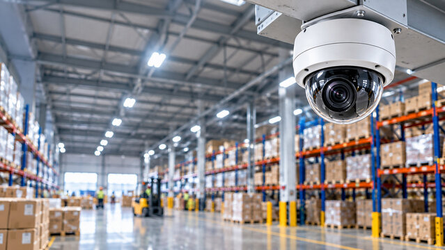 Security dome camera mounted on the ceiling of a large modern warehouse with rows of shelves and a forklift in the background