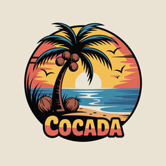 Fototapeta premium Circular featuring a palm tree with coconuts on a tropical beach at sunset, with the text cocada in a bold retro font