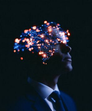 Suited person with glowing neural network overlay in profile