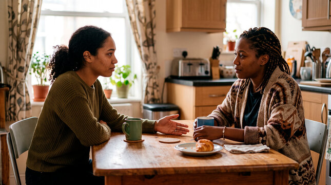 Couple reconciling at kitchen table during emotional conversation