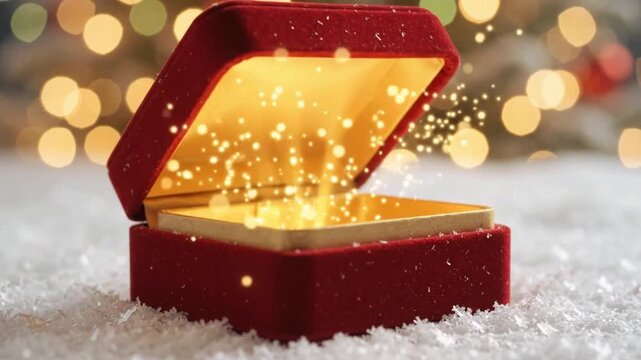Magic red gift box opening with glowing golden particles