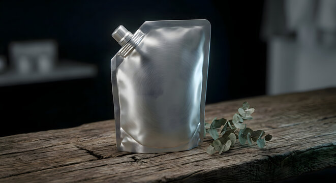 Blank recycled brushed aluminum refill pouch mockup on rustic wood - V1