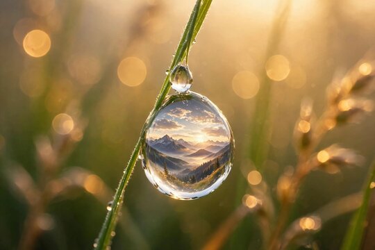 Mountain sunrise landscape refracted inside a dewdrop on a blade of grass