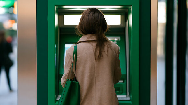 A young woman in a beige coat withdraw cash from a green outdoor atm machine in the city center during daylight hours for finance purpose