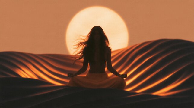 Meditating woman silhouette on desert dunes at sunset