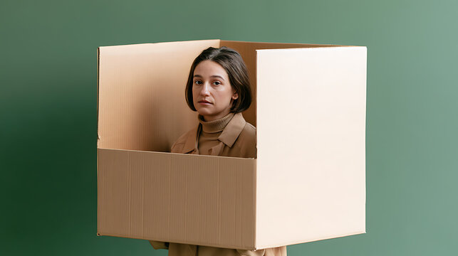 Creative concept photo of a young woman trapped inside a cardboard box against a solid green studio background with serious expression
