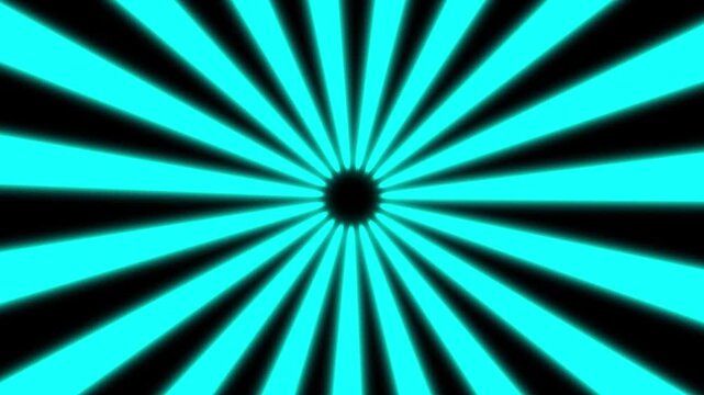 Abstract cyan sunburst rotating rays animation, glowing turquoise zoom light beam pulse effect, black background motion graphic overlay for retro pop art video.