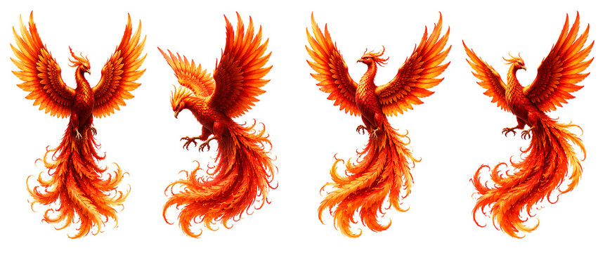Fiery phoenix bird mythical creature rising flame isolated on white background