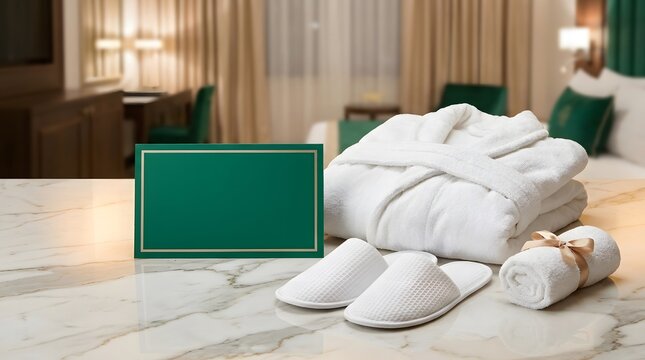 Luxury hotel room amenities with plush robe slippers and gift box on marble