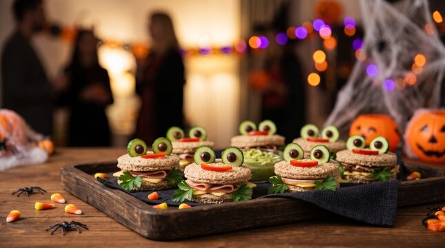 Playful frog sandwiches with cucumber eyes, ham and cheese on a wooden tray at a festive Halloween party