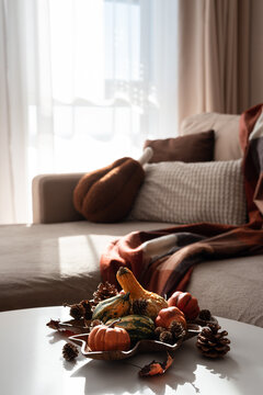 Autumn harvest arrangement on table with couch and warm blanket in background