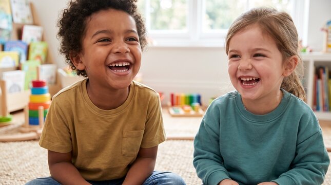 Portrait de deux jeunes enfants heureux et d'origines diverses riant et s'amusant ensemble &agrave; l'&eacute;cole maternelle.