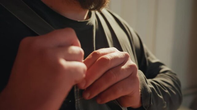 Man adjusts straps on his dark green overalls in soft natural light. focus remains tightly on hands and clothing details with blurred background emphasizing manual adjustment
