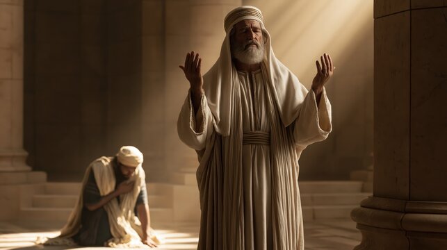 Pharisee and tax collector praying in the Jerusalem temple, contrasting self-righteousness with humility and repentance.
