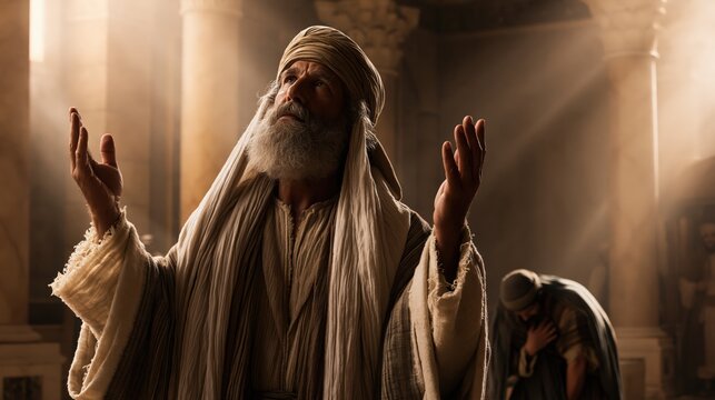 Pharisee and tax collector praying in the Jerusalem temple, contrasting self-righteousness with humility and repentance.