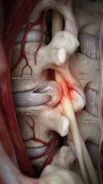 Lumbar segment pathology: disc herniate, nerve compress, spine disorder, back ache, disc degenerate, acute ache, chronic ache, bone aspect, nerve aspect, annulus tear, nucleus bulge, spinal canal.