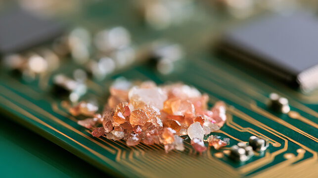 Macro view of raw quartz and mineral crystal fragments resting on a green printed circuit board inside modern computer hardware device