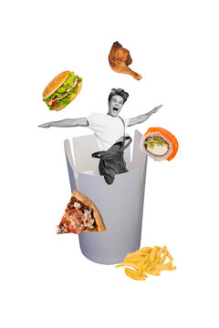Vertical photo collage of happy man courier fast food order meal pizza burger sushi fries meat calories diet isolated on painted background