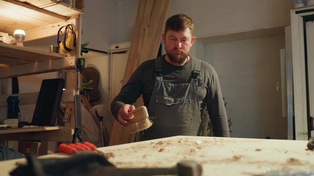 Man wearing overalls sweeps wood shavings off workbench in workshop. scene includes various tools and materials such as clamps ear protection equipment saws hammers screwdrivers measuring