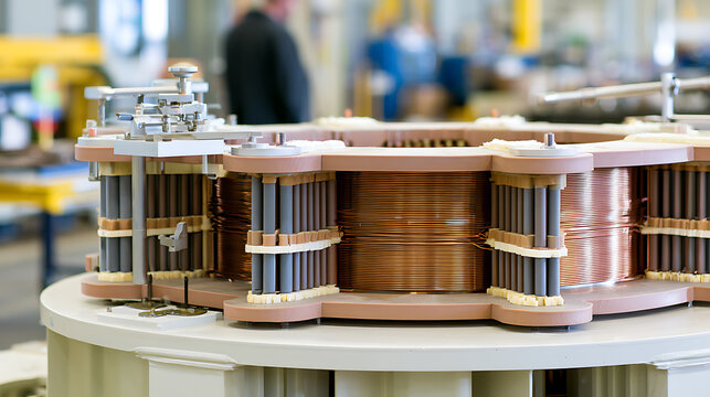 Industrial heavy machinery manufacturing process, detailed view of copper wire coil assembly in a modern clean factory production facility