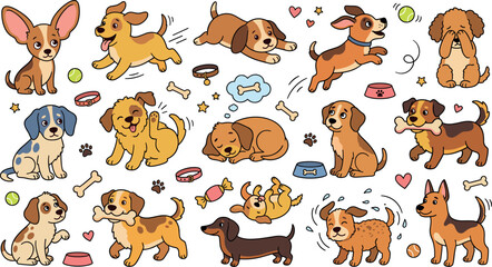 Fototapeta premium Cute cartoon puppy vector character collection featuring playful dogs in various active poses chewing bones and sleeping
