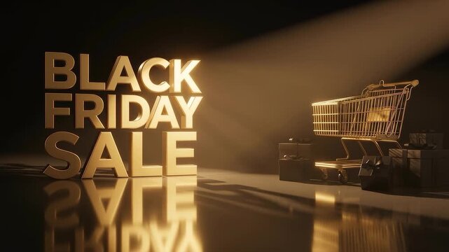 Volumetric Spotlight Shining on Gold Black Friday Sale Sign and Cart