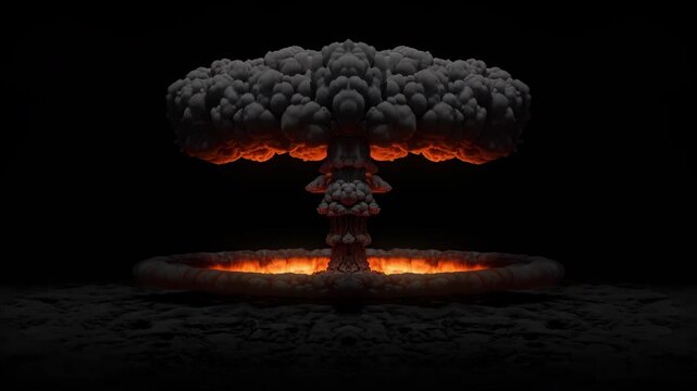 Stylized mushroom cloud with a burning ring of fire at its base, seamless vj loop for cold war history and education