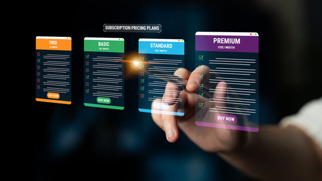 Modern Digital Subscription Pricing Plans with Various Options Displayed on Touchscreen Device with User Interaction and Pricing Highlights. Glyphic.
