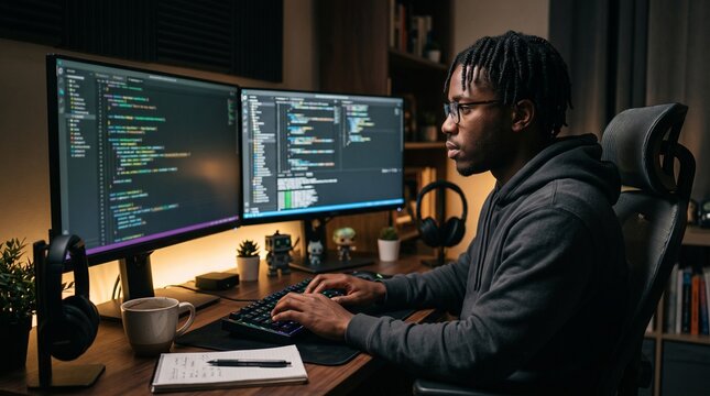Black coder working at a dual monitor desk in a modern home office at night