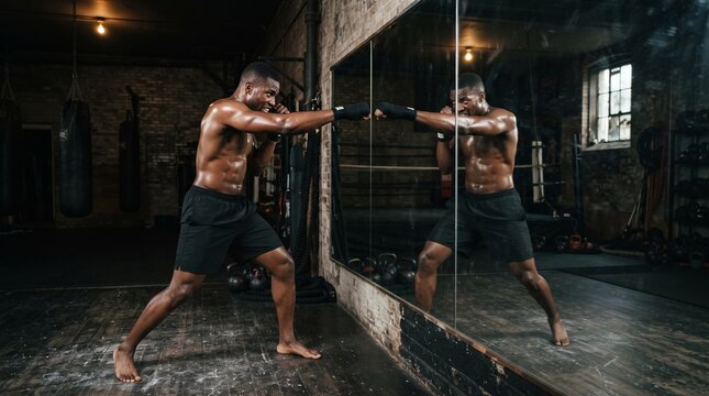 Focused boxer shadowboxing in front of mirror during intense gym workout