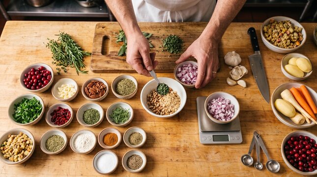 Top view of holiday meal ingredients and hands preparing festive stuffing on kitchen table