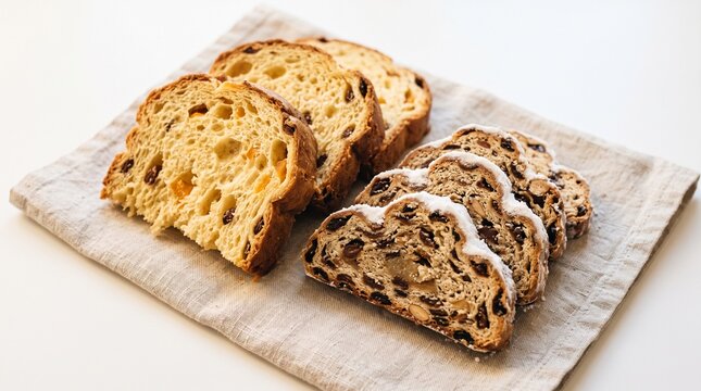 Sliced panettone and stollen on a cloth napkin in diagonal composition