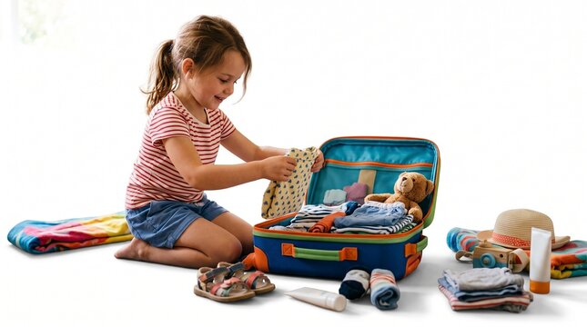 Happy child folding clothes into a suitcase while packing for travel