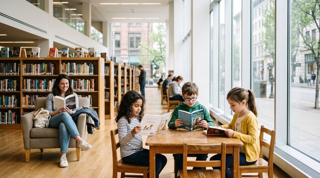 Children reading books in a bright public library with a woman nearby
