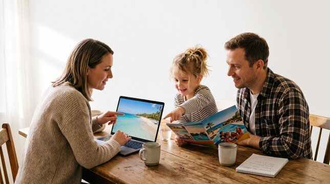 Parents comparing vacation options on a laptop while planning a family trip at home