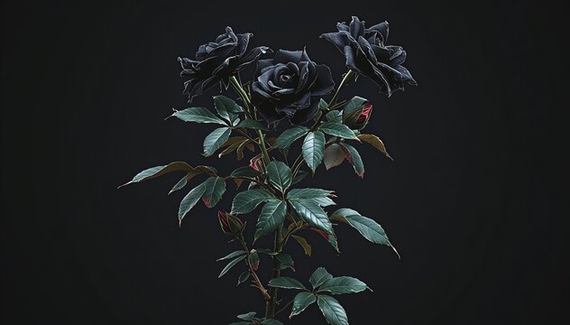Thorny black rose bush with dark blooms and thorns