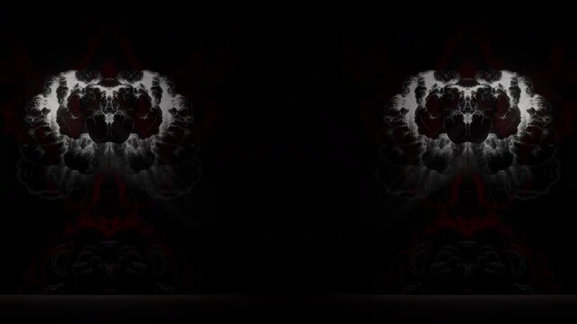 Twin red explosion bursts on both sides of a black screen, seamless vj loop for heavy metal stages and side LED screens
