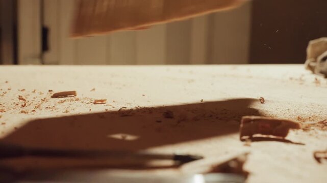 Shows hand using brush to sweep away sawdust on wooden workbench revealing texture and detail of wood shavings. scene emphasizes manual woodworking processes in workshop setting