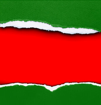 Ripped green paper on red background