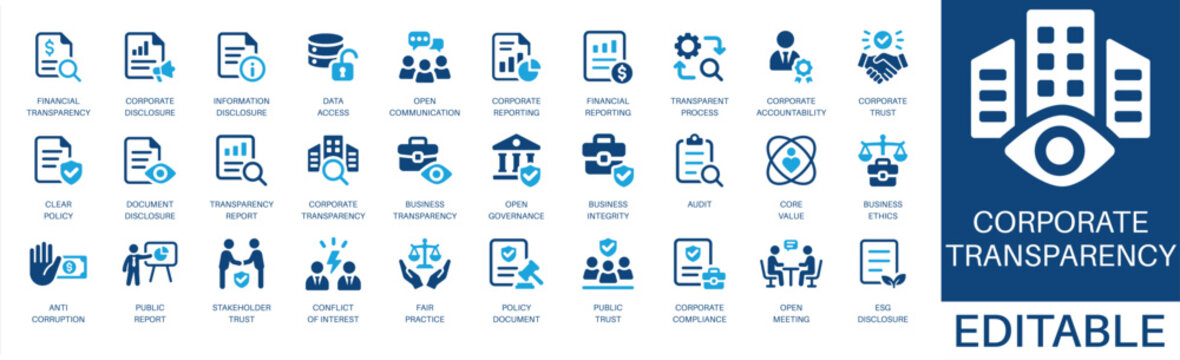 Corporate transparency and ethics solid icon set. Includes symbols for audit, compliance, accountability, integrity, core value, disclosure, and ESG. Vector icons for annual reporting and governance.