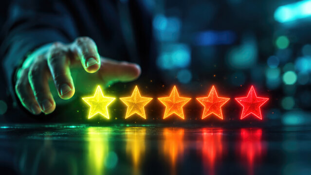 A hand extends to touch bright glowing star ratings symbolizing excellent customer feedback and positive online reviews