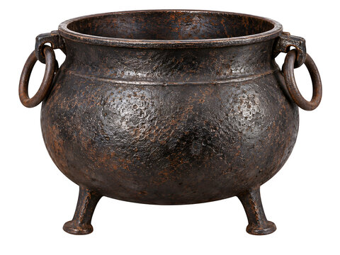 Vintage cast iron cauldron, rustic metal witch pot, antique cooking vessel with handles isolated on Transparent Background