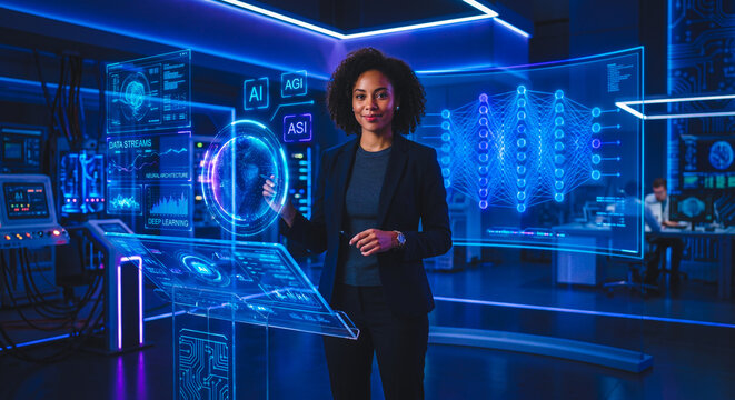 Confident Woman in Futuristic Artificial Intelligence and AGI Technology Environment