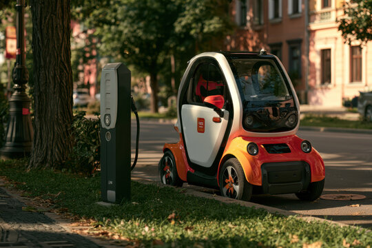 Compact orange and white electric microcar parked beside a curbside charging station beneath mature trees on a sunny urban residential street