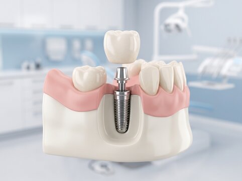Dental implant process. Neutral 3D concept of tooth restoration stages for dental clinics, implant education and patient care. Dental implant and replacement crown in cutaway jaw model. 