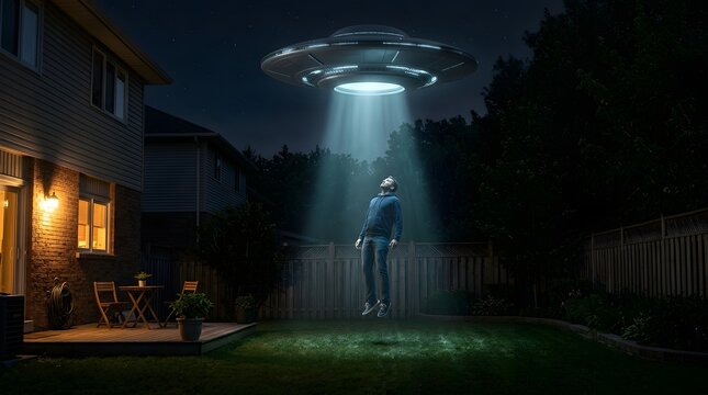 Man slowly levitating into a glowing UFO light beam in a suburban backyard at night. Sci fi alien abduction concept.
