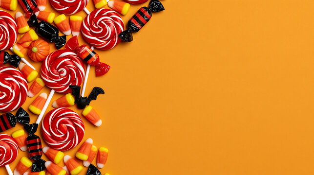 Assorted festive Halloween candy displayed for a holiday party, sweet seasonal treat concept, with copy space