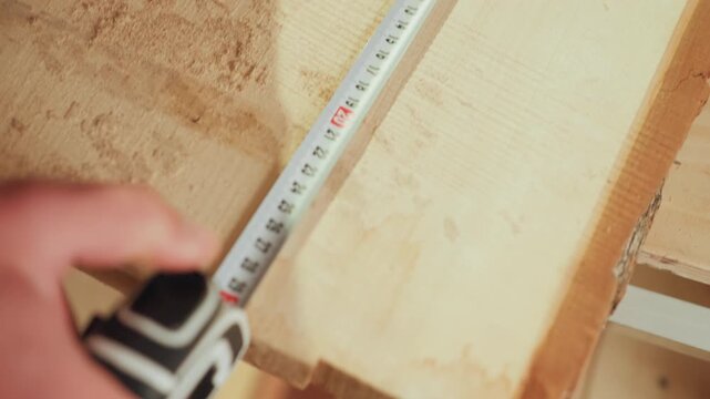 Close up shows skilled woodworking steady hand holding measuring tape against rough sawned lumber while marking dimensions. scene focuses on precise tool use with saw edge visible
