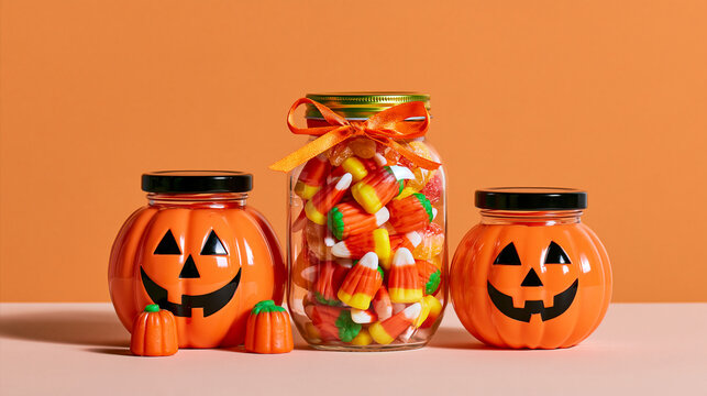 Assorted festive Halloween candy displayed for a holiday party, sweet seasonal treat concept, with copy space