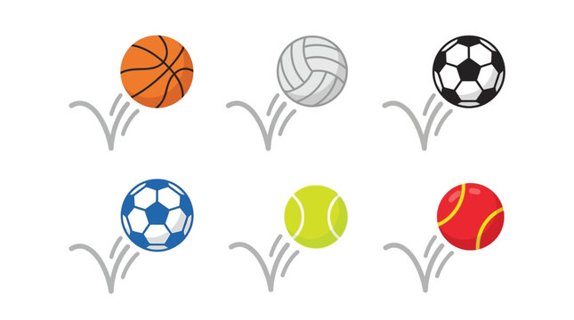 Colorful bouncing sports balls featuring basketball, volleyball, soccer, and tennis equipment vector icons